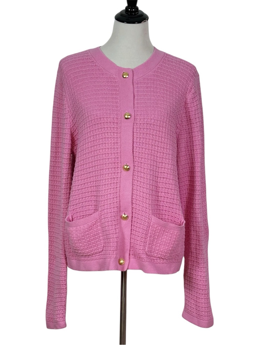 Talbots XL Pink Cotton Textured Crochet Knit Cardigan Gold Button Pocket Sweater